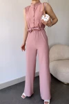 Pudra Yarım Patlı Beli Büzgülü Kemerli Bol Paça Tulum BCBSK-25700-3125
