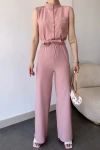 Pudra Yarım Patlı Beli Büzgülü Kemerli Bol Paça Tulum BCBSK-25700-3125