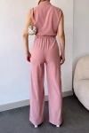 Pudra Yarım Patlı Beli Büzgülü Kemerli Bol Paça Tulum BCBSK-25700-3125