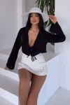 Siyah Bağlamalı Crop Muslin Dokuma Bluz BCBT-251005