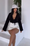 Siyah Bağlamalı Crop Muslin Dokuma Bluz BCBT-251005