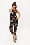 Siyah Bisiklet Yaka Kolsuz Çiçek Desenli Tulum BCBSK-25650-2326