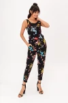 Siyah Bisiklet Yaka Kolsuz Çiçek Desenli Tulum BCBSK-25650-2326