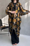 Siyah Çiçek Desenli Şifon Uzun Kimono BCDF-241063-1