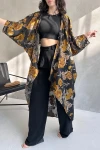 Siyah Çiçek Desenli Şifon Uzun Kimono BCDF-241063-1
