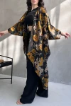 Siyah Çiçek Desenli Şifon Uzun Kimono BCDF-241063-1