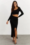 Siyah Geniş Yaka Crop Bluz Ve Etek Alt Üst Takım BCBSK-25700-K7232