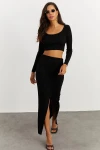 Siyah Geniş Yaka Crop Bluz Ve Etek Alt Üst Takım BCBSK-25700-K7232