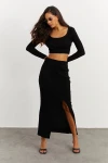 Siyah Geniş Yaka Crop Bluz Ve Etek Alt Üst Takım BCBSK-25700-K7232
