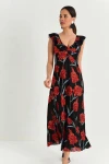 Siyah Geniş Yaka Desenli Maxi Boy Elbise BCBSK-25700-K5281