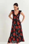 Siyah Geniş Yaka Desenli Maxi Boy Elbise BCBSK-25700-K5281
