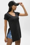 Siyah Yanı Yırtmaçlı V Yaka Uzun T-Shirt BCBSK-25650-6007-2