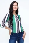 Siyah Yeşil Yakası Yırtmaçlı Çizgili Krep Bluz BCBSK-25700-2752