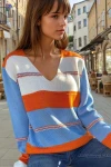 Turuncu Mavi V Yaka Color Block Salaş Kazak BCBSK-25700-CCK1705