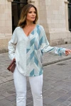 Yeşil Bej V Yaka Color Block Yumuşak Dokulu Salaş Bluz BCBSK-25700-3481