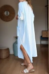 Bebe Mavi Müslin Yarım Patlı Cepli Yırtmaçlı Bol Kesim Salaş Elbise BCBSK-25700-3620