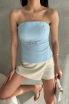 Bebe Mavi Straplez Fitted İnce Süs Kemer Detaylı Dokuma Bluz  BCDF-252189