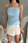 Bebe Mavi Straplez Fitted İnce Süs Kemer Detaylı Dokuma Bluz  BCDF-252189