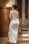 Bej Askılı Yanı Yırtmaçlı Pliseli Uzun Elbise BCBSK-25700-3609