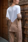 Bej Beyaz V Yaka Color Block Yumuşak Dokulu Salaş Bluz BCBSK-25700-3167