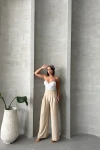 Bej Keten Çift Pileli Dokuma Pantolon BCHN-25255046