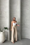 Bej Keten Çift Pileli Dokuma Pantolon BCHN-25255046