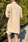Bej Poplin Yanı Yırtmaçlı Oversize Uzun Gömlek BCBSK-25700-3518