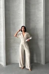 Bej Yarım Kol Beli Korse Görünümlü Bol Kesim Dokuma Tulum BCHN-25255059