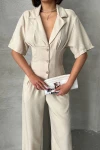 Bej Yarım Kol Beli Korse Görünümlü Bol Kesim Dokuma Tulum BCHN-25255059