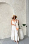 Beyaz Askılı Kruvaze Yaka Eteği Kat Kat Volanlı Keten Elbise BCHN-25255049