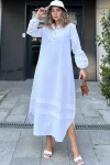 Beyaz Oversize Kolu Lastikli Uzun Elbise BCBSK-25700-3517