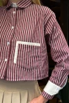 Bordo Manşet Ve Cepleri Garnili Çizgili Oversize Crop Dokuma Gömlek BC231036
