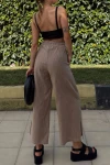 Camel Keten Beli Lastikli Cepli Paçası Yırtmaçlı Salaş Kapri Pantolon BCBSK-25700-3404