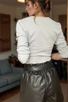 Gri Kruvaze Kaşkorse Likralı Crop Bluz BCBSK-25700-3324