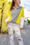 Gri Polo Yaka Yarasa Kol Color Block Salaş Sweatshirt BCBSK-25700-3473