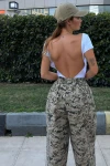 Haki Bej Kamuflaj Yüksek Bel Beli Lastikli Pantolon BCBSK-25700-3548
