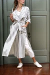 Haki Keten Şal Yaka Cepli Kendinden Kuşaklı Çizgili Kimono Elbise BCBSK-25700-3373