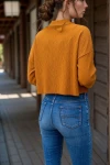 Hardal Kendinden Dokulu Cepli Crop Salaş Sweatshirt BCBSK-25700-3321