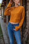 Hardal Kendinden Dokulu Cepli Crop Salaş Sweatshirt BCBSK-25700-3321