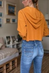 Hardal Kendinden Dokulu Fermuarlı Kapüşonlu Crop Sweatshirt BCBSK-25700-3322