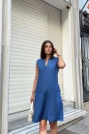 İndigo Keten Yakası Yırtmaçlı Cepli A Kesim Salaş Elbise BCBSK-25700-3428