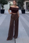 Kahve Yüksek Bel Dar Paça Günlük Pantolon BCBSK-25700-3427