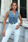 Kar Yıkama Düğmeli Yıkamalı Denim Yelek BCBSK-25700-KT0092