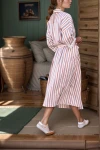 Kiremit Keten Şal Yaka Cepli Kendinden Kuşaklı Çizgili Kimono Elbise BCBSK-25700-3373
