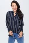 Lacivert Çizgili Uzun Kollu Düğmeli Oversize Gömlek BCBSK-25700-NEW1010
