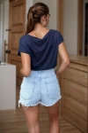 Lacivert Geniş Yaka Eteği Lastikli Tek Cep Crop Bluz BCBSK-25700-3624