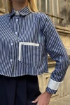 Lacivert Manşet Ve Cepleri Garnili Çizgili Oversize Crop Dokuma Gömlek BC231036