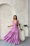 Lila Askılı Kruvaze Yaka Eteği Kat Kat Volanlı Keten Elbise BCHN-25255049