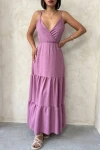 Lila Askılı Kruvaze Yaka Eteği Kat Kat Volanlı Keten Elbise BCHN-25255049