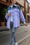 Lila Taş Deri Garnili Sırtı Baskılı Kaşe Oversize Ceket Gömlek BCBSK-25700-3289